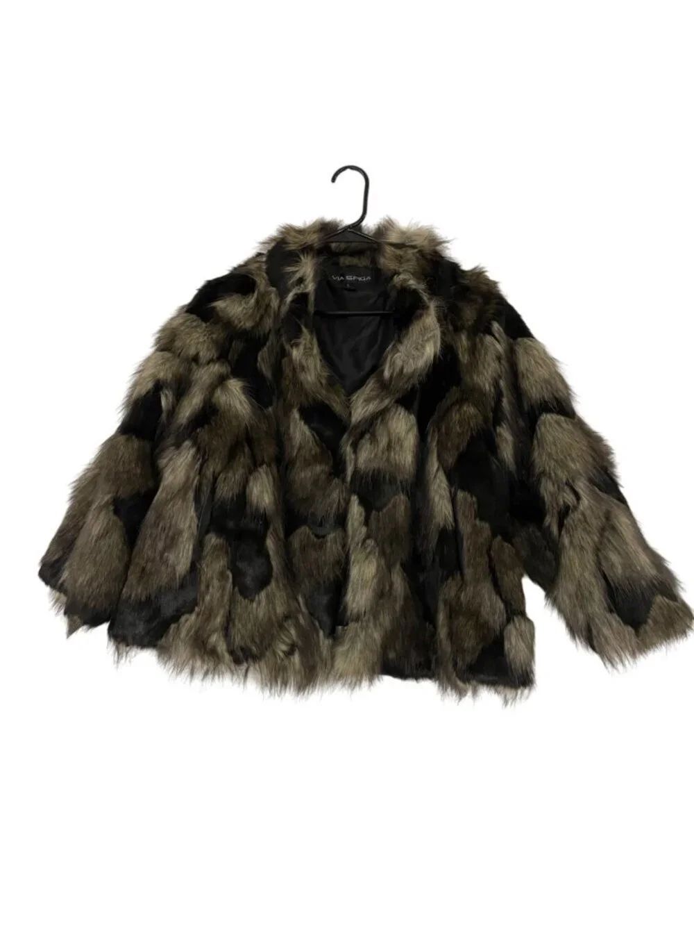 Via Spiga Womens Coat Large Faux Fur Brown Black Cropped Mobwife NWOT - Picture 2 of 9